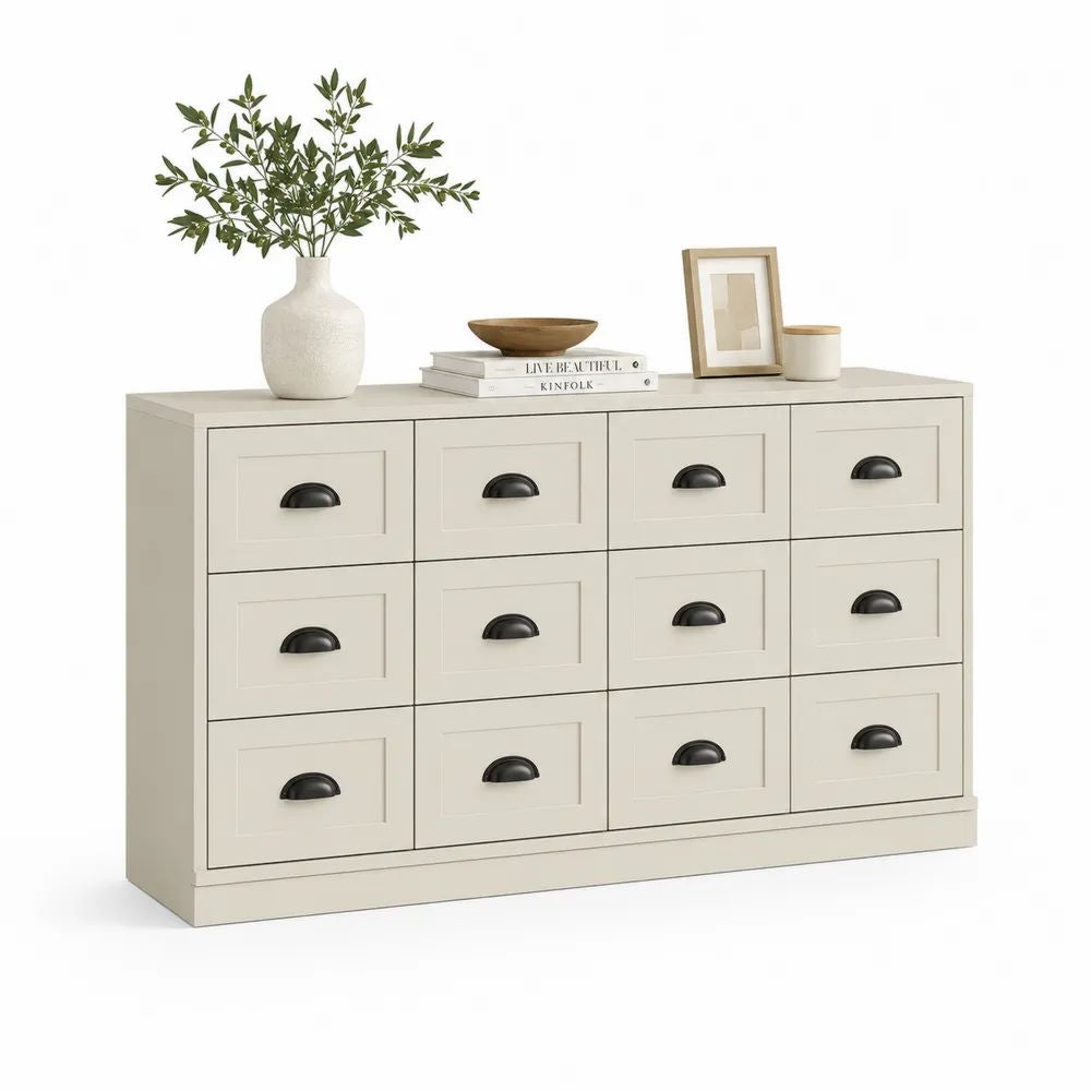 Buffet rectangulaire en MDF peint à 12 tiroirs beige et noir, 140 × 40 × 85 cm