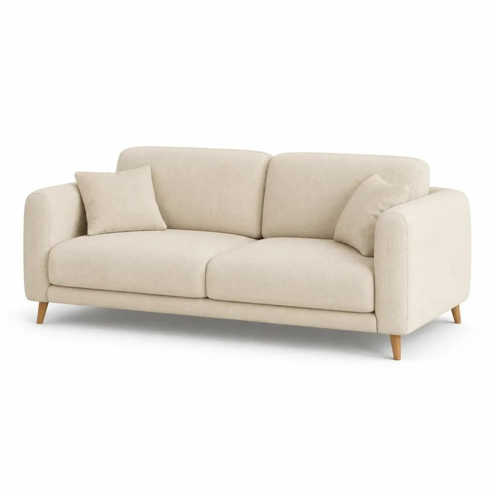 Canapé 3 places en polyester beige avec pieds en bois massif, 200 × 88 × 84 cm