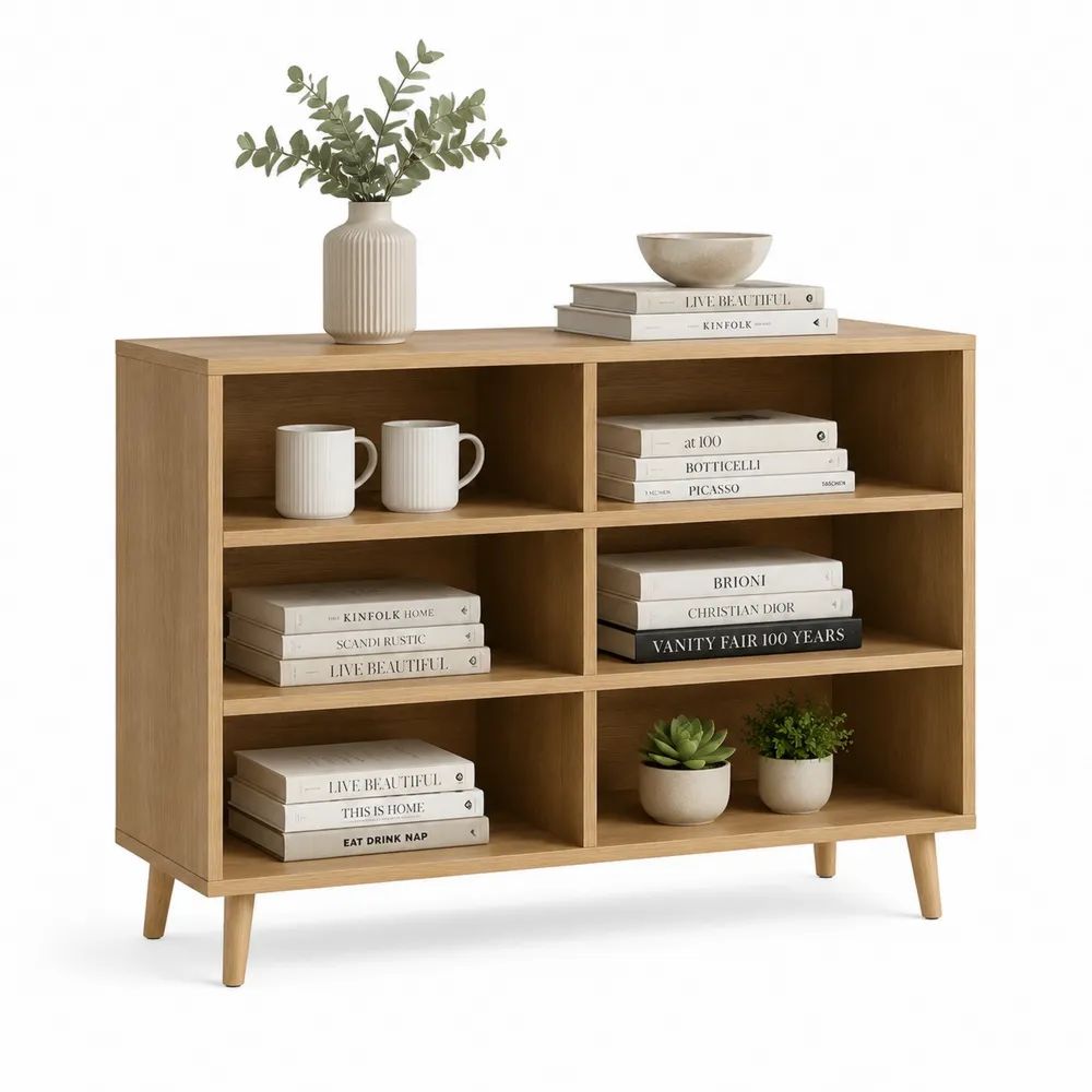 Buffet de rangement ouvert en bois à 6 niches, chêne naturel, 110 × 30 × 90 cm