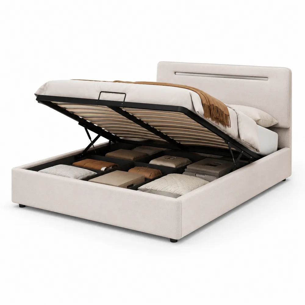 Lit coffre double 160 x 200 cm beige et noir avec sommier à lattes, cadre en acier et revêtement en tissu