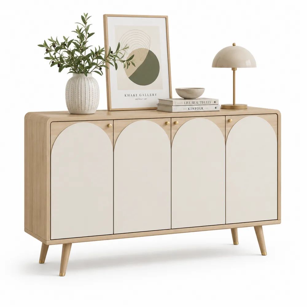 Buffet rectangulaire en bois à 4 portes, chêne clair et crème, 140 × 40 × 90 cm
