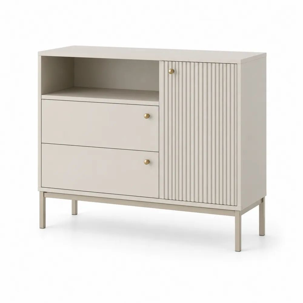 Buffet bas rectangulaire en MDF mélaminé et métal, 2 tiroirs, 1 porte cannelée et 1 niche, beige et doré, 100 × 40 × 90 cm