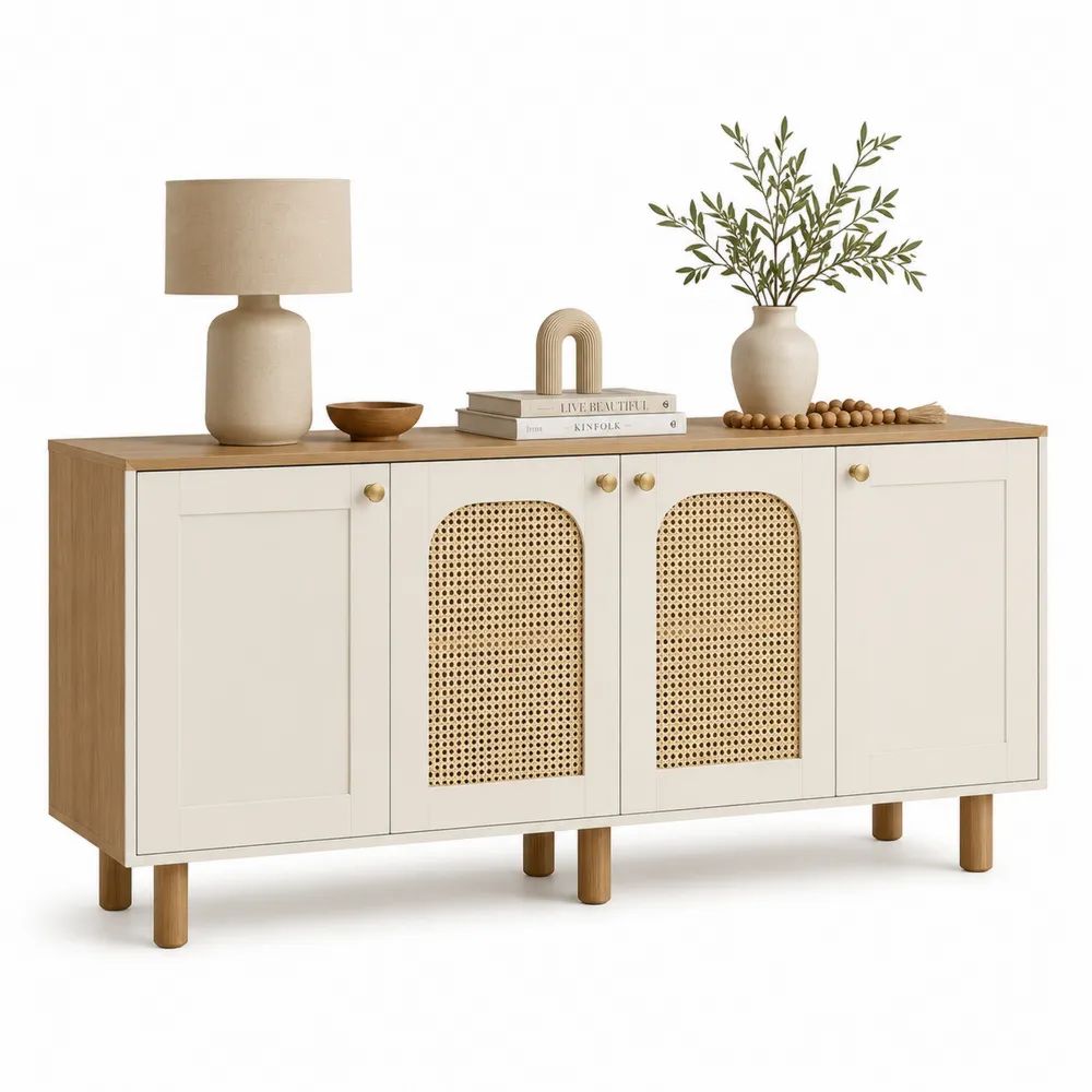 Buffet rectangulaire 4 portes en bois et cannage, beige et chêne naturel, 160 × 40 × 80 cm