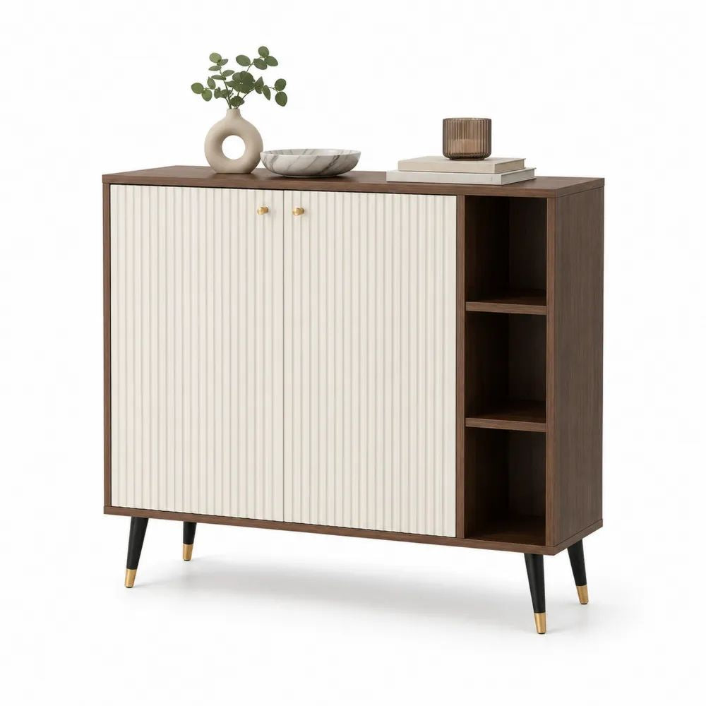 Buffet en MDF à 2 portes rainurées et 3 niches, brun noyer et ivoire, 120 × 40 × 100 cm