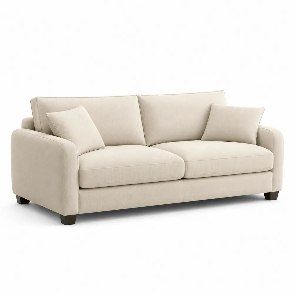 Canapé droit 3 places en polyester beige avec 2 coussins, 200 × 90 × 88 cm