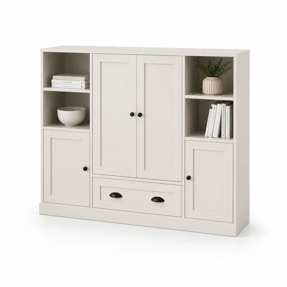 Buffet blanc en MDF et panneaux de particules, 4 portes, 1 tiroir et 4 niches, 140 × 40 × 120 cm