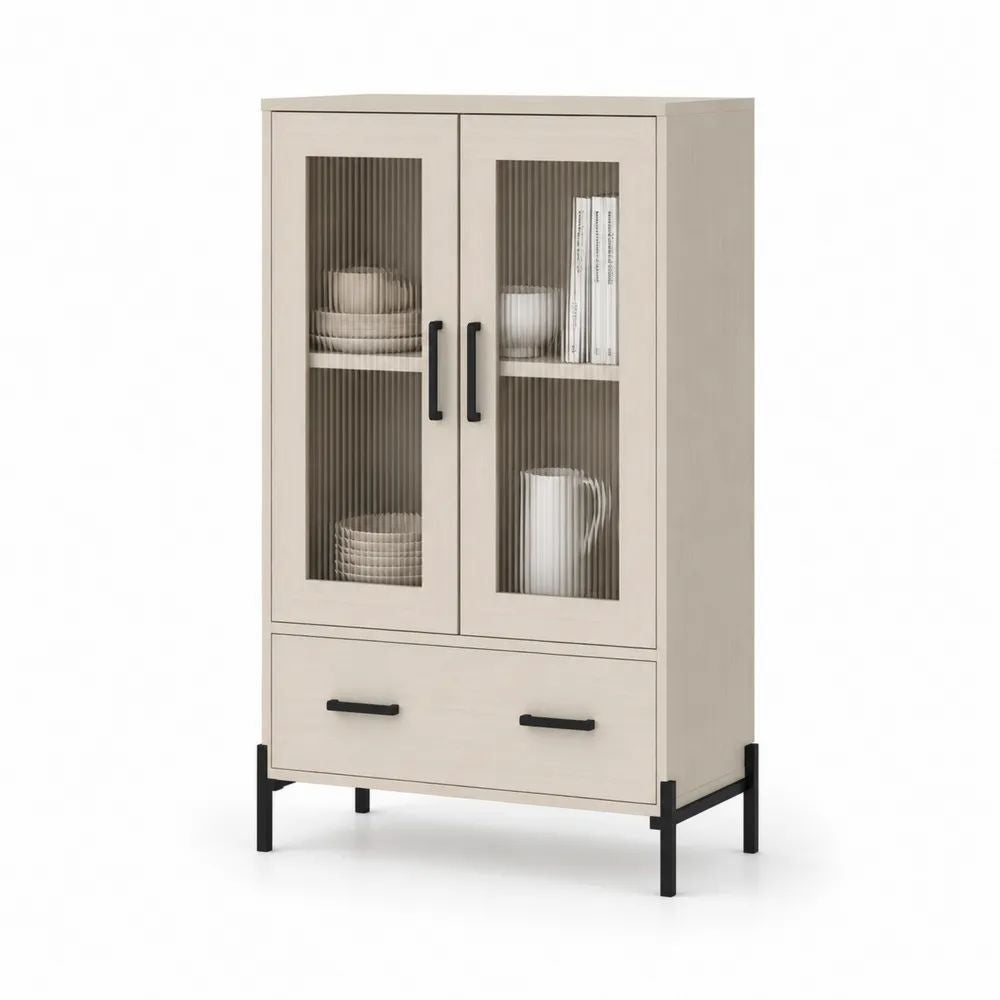 Vaisselier buffet haut en bois, verre et métal, 2 portes vitrées et 1 tiroir, beige clair et noir, 80 × 40 × 140 cm