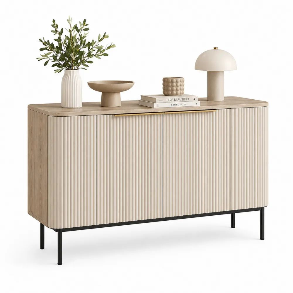 Buffet de rangement rectangulaire à 2 portes en MDF et acier, beige, chêne clair, noir et laiton, 120 × 40 × 80 cm