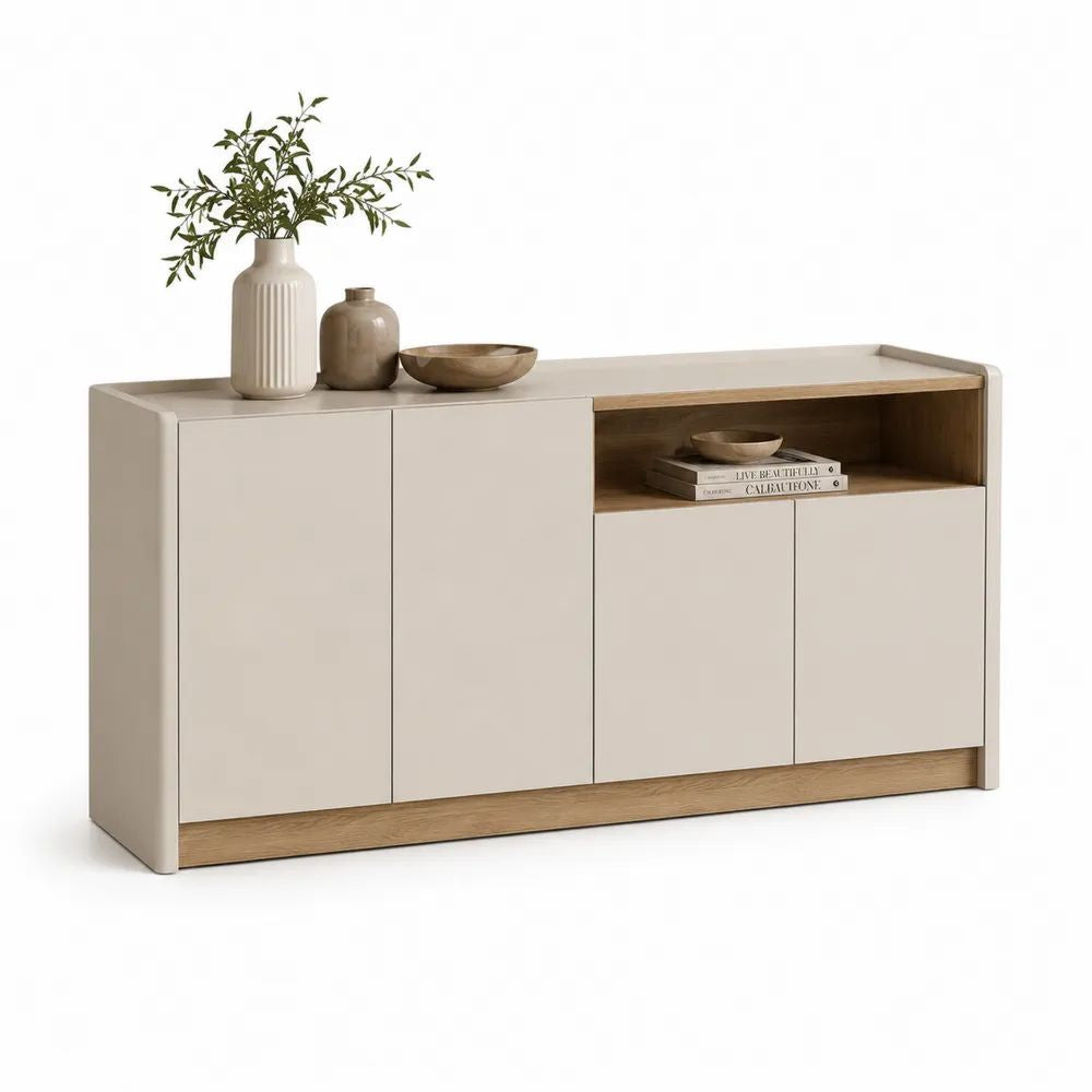 Buffet rectangulaire 4 portes avec niche en panneaux de particules, beige et décor chêne naturel, 160 × 40 × 85 cm