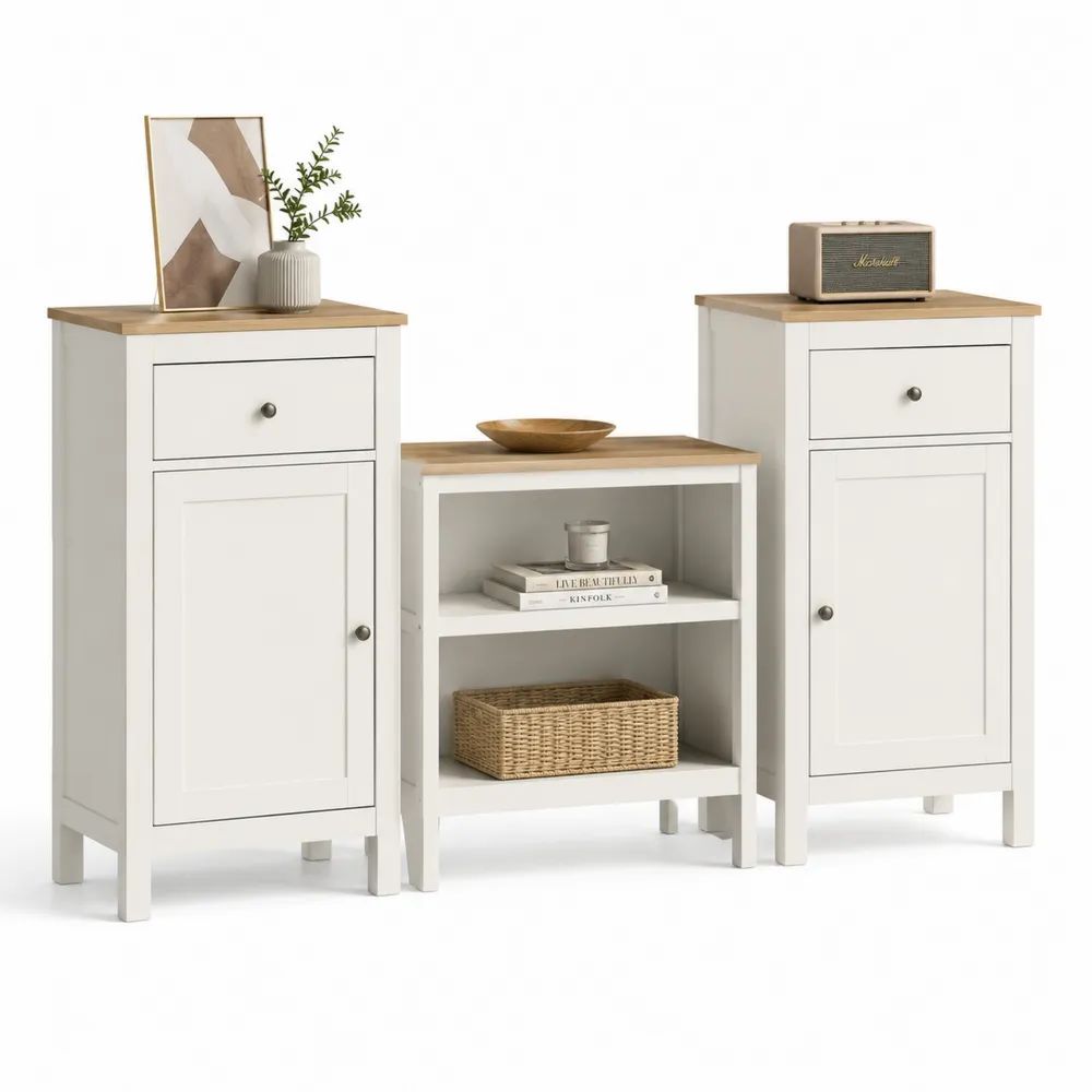 Ensemble de 3 meubles de rangement en bois et métal, blanc et chêne clair, 2 meubles de 40 × 30 × 80 cm et 1 meuble de 60 × 30 × 55 cm