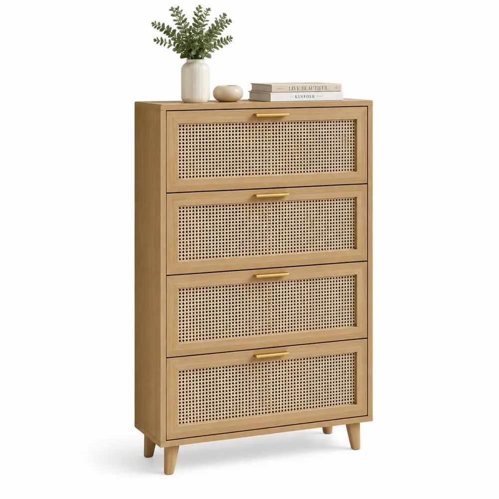 Meuble à chaussures 4 abattants en MDF et rotin naturel, chêne clair, 80 × 24 × 130 cm
