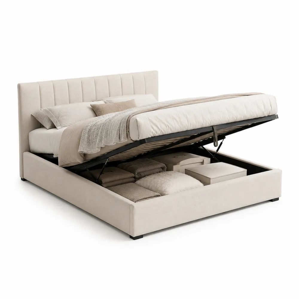 Lit coffre double rembourré en polyester beige avec sommier relevable, couchage 160 x 200 cm, dimensions 215 x 170 x 105 cm
