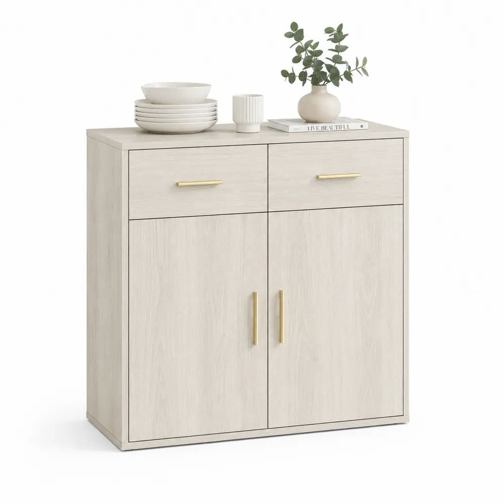 Buffet rectangulaire 2 portes et 2 tiroirs en panneaux de particules mélaminés, chêne clair et doré, 80 × 35 × 90 cm