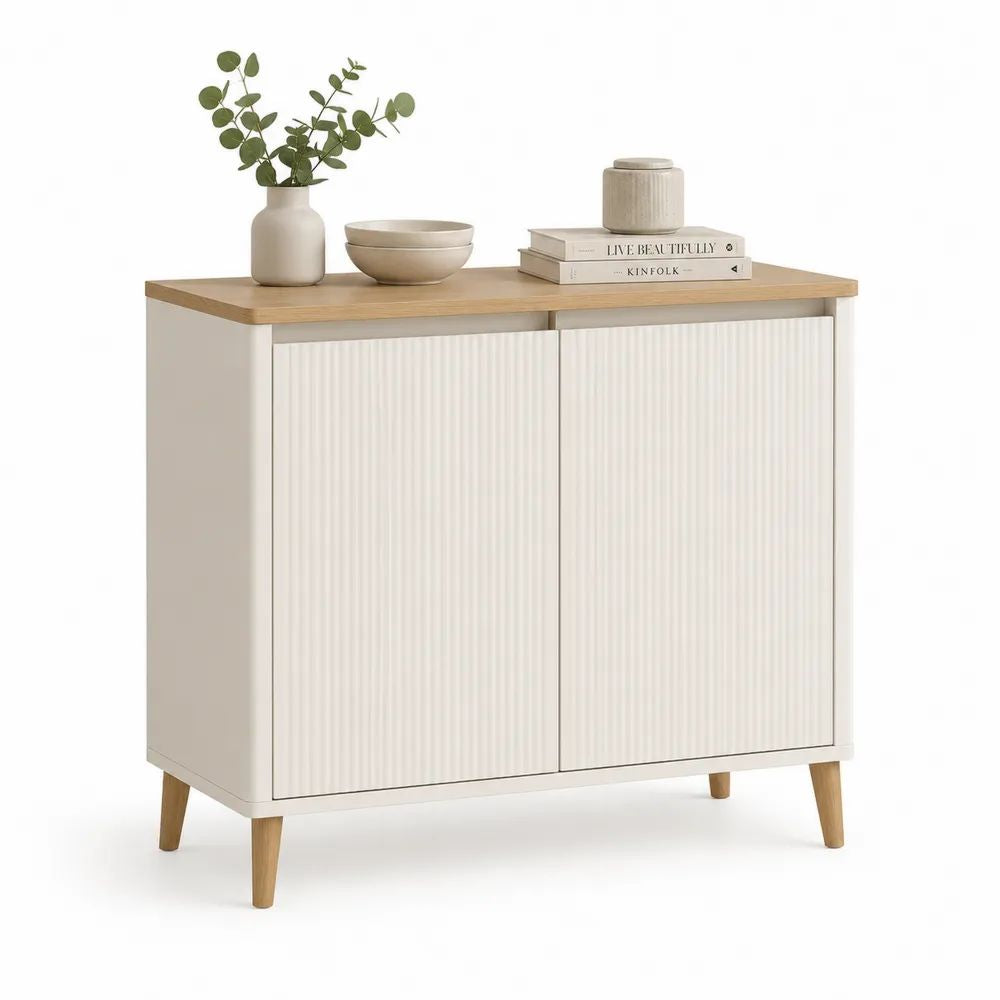 Buffet rectangulaire en bois et MDF à 2 portes, blanc et chêne clair, 80 × 40 × 90 cm