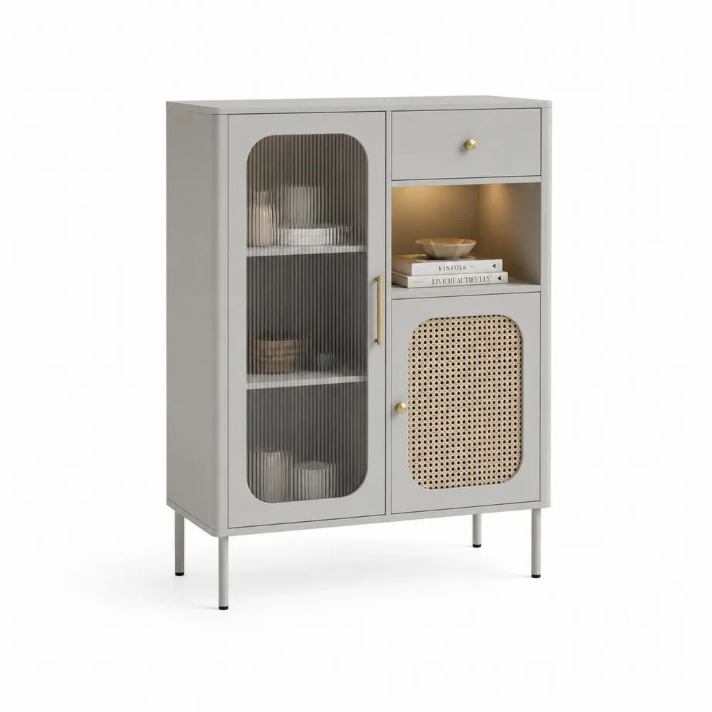 Buffet haut rectangulaire en MDF, verre cannelé et cannage en rotin gris clair, 80 × 40 × 120 cm