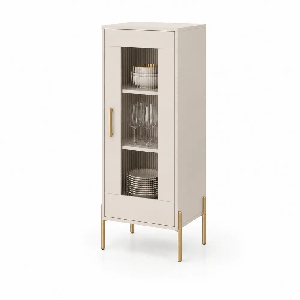 Vitrine vaisselier étroite en MDF et verre cannelé beige clair et doré, 50 × 40 × 150 cm