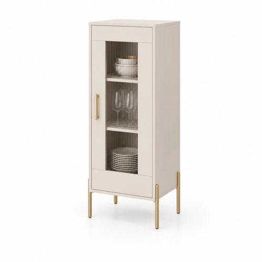 Vitrine vaisselier étroite en MDF et verre cannelé beige clair et doré, 50 × 40 × 150 cm