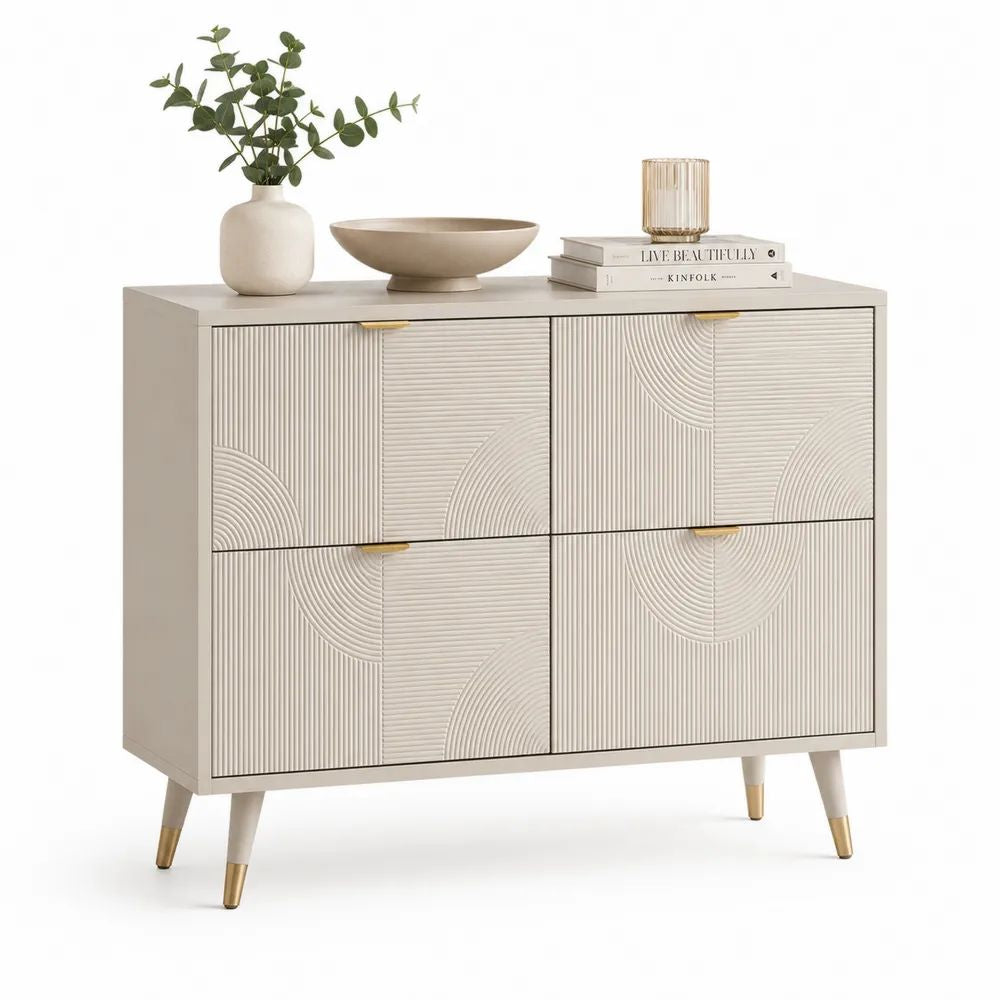 Buffet 4 portes en bois et métal beige et doré, 100 × 40 × 90 cm