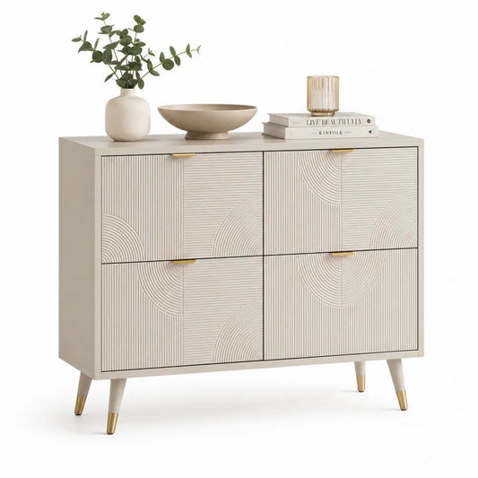 Buffet 4 portes en bois et métal beige et doré, 100 × 40 × 90 cm