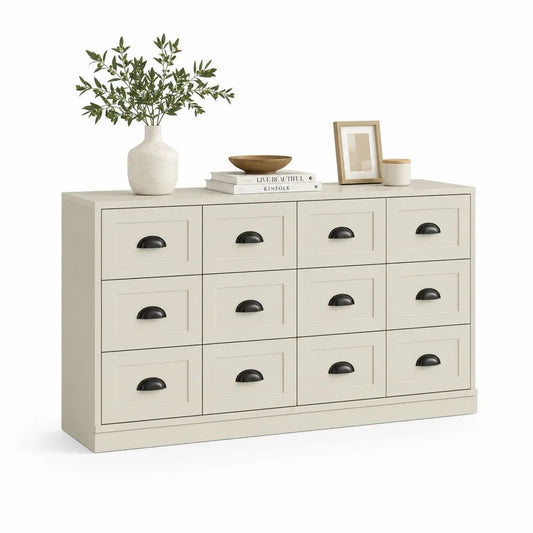 Buffet rectangulaire en MDF peint à 12 tiroirs beige et noir, 140 × 40 × 85 cm