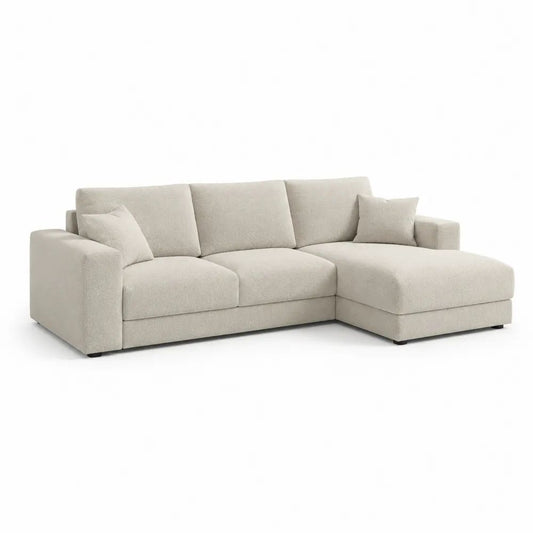 Canapé d’angle 3 places en tissu bouclé beige avec méridienne droite, 265 × 165 × 85 cm