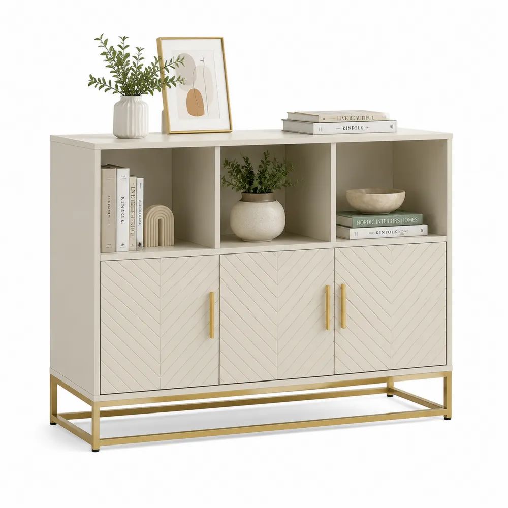 Buffet de salle à manger rectangulaire à 3 portes en MDF et acier, blanc cassé et doré, 120 x 40 x 100 cm