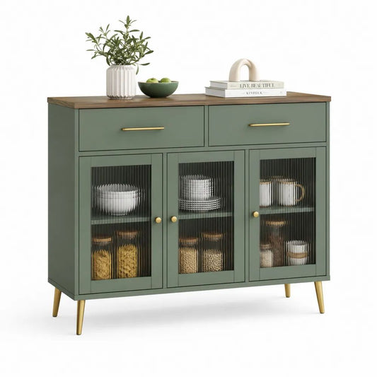 Buffet rectangulaire en MDF et verre cannelé, 3 portes et 2 tiroirs, vert sauge et brun chêne, 120 × 40 × 100 cm