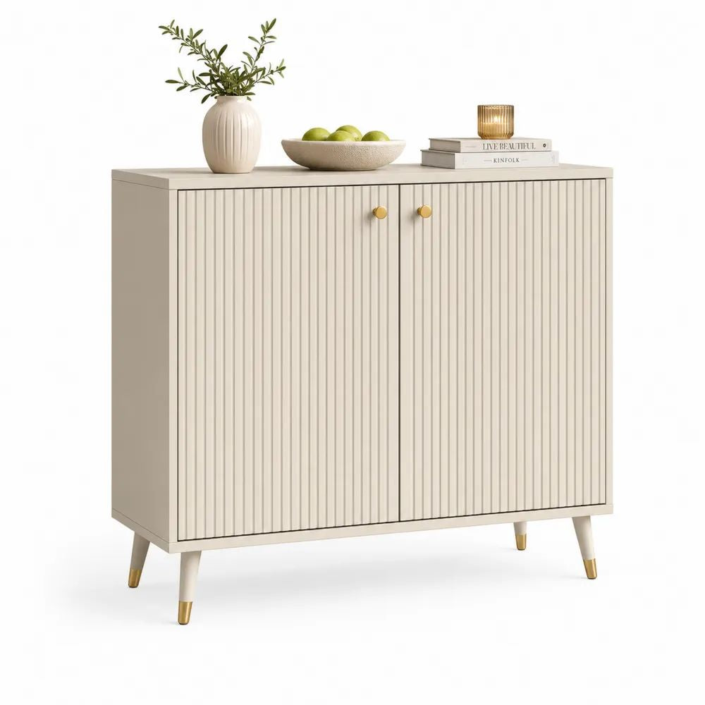 Buffet rectangulaire à 2 portes en MDF rainuré beige et doré, 100 × 40 × 100 cm
