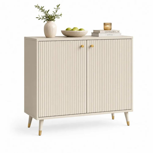 Buffet rectangulaire à 2 portes en MDF rainuré beige et doré, 100 × 40 × 100 cm