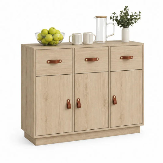 Buffet bas en panneaux de particules, 3 portes et 3 tiroirs, beige chêne et marron, 100 × 35 × 85 cm