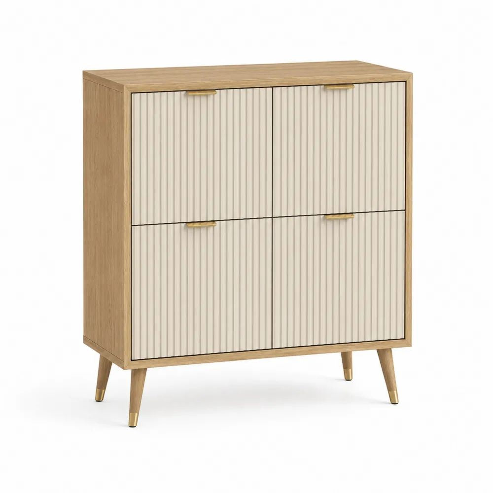 Buffet haut rectangulaire à 4 portes en bois et métal, beige et décor chêne, 90 × 40 × 110 cm
