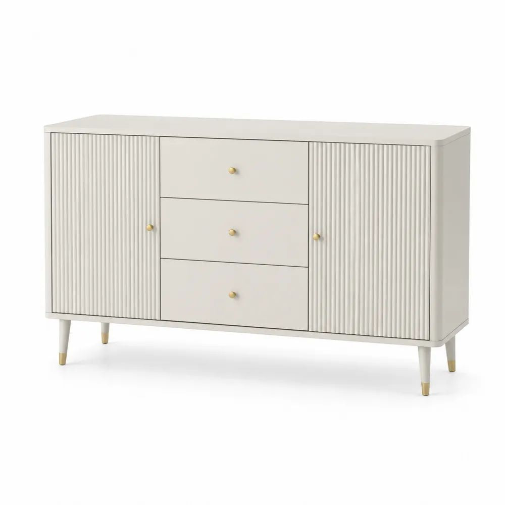 Buffet rectangulaire en MDF à 2 portes et 3 tiroirs, blanc cassé et doré, 140 × 40 × 80 cm
