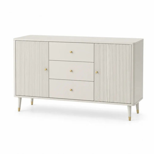 Buffet rectangulaire en MDF à 2 portes et 3 tiroirs, blanc cassé et doré, 140 × 40 × 80 cm