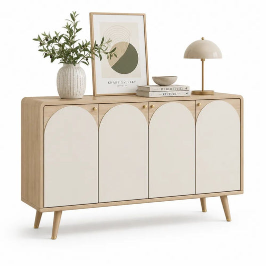 Buffet rectangulaire en bois à 4 portes, chêne clair et crème, 140 × 40 × 90 cm