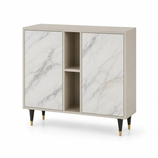 Buffet rectangulaire 2 portes en panneaux mélaminés effet marbre blanc et taupe, 100 × 35 × 90 cm