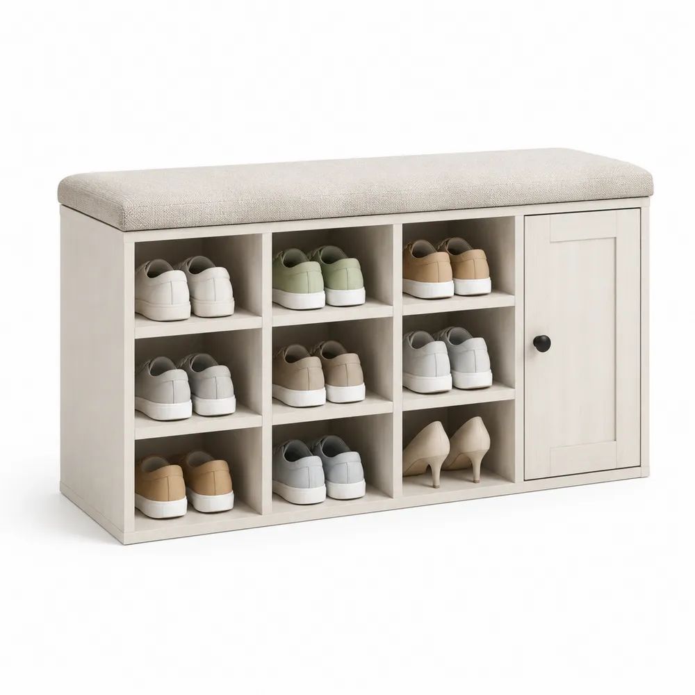 Banc à chaussures rectangulaire en MDF blanc cassé avec assise rembourrée beige, 9 casiers et placard, 120 × 35 × 60 cm