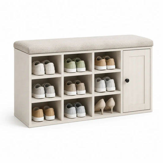 Banc à chaussures rectangulaire en MDF blanc cassé avec assise rembourrée beige, 9 casiers et placard, 120 × 35 × 60 cm
