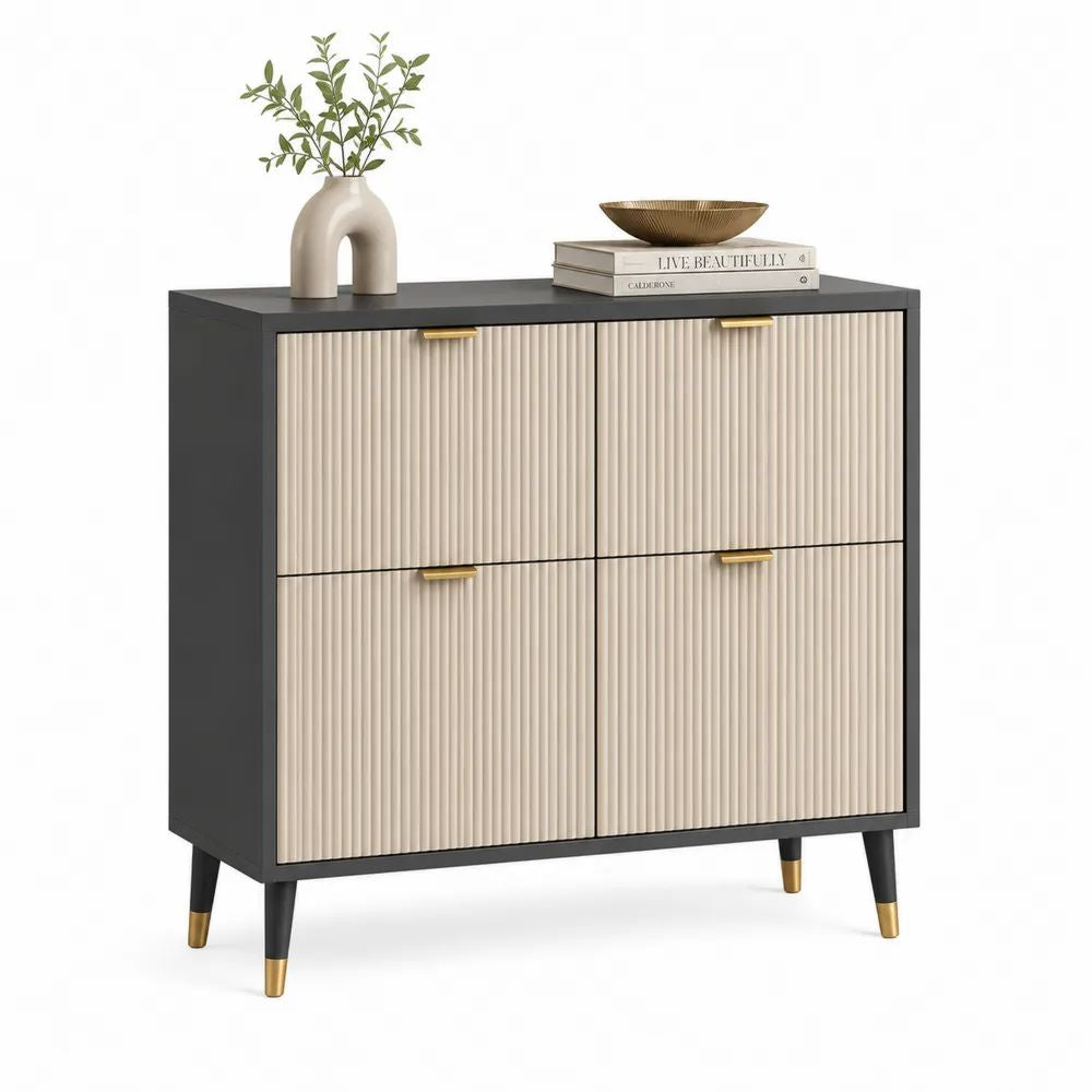 Buffet rectangulaire à 4 portes en bois et métal, anthracite, beige clair et doré, 100 × 40 × 100 cm