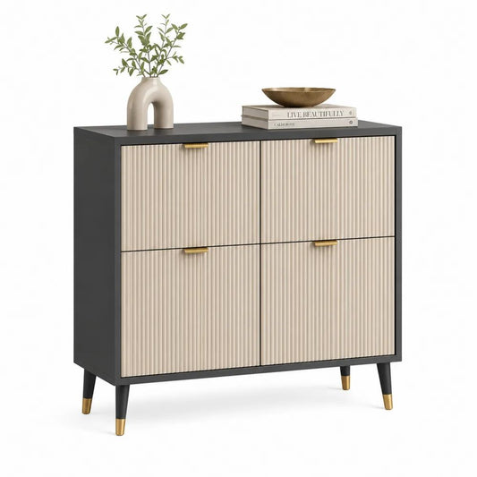 Buffet rectangulaire à 4 portes en bois et métal, anthracite, beige clair et doré, 100 × 40 × 100 cm