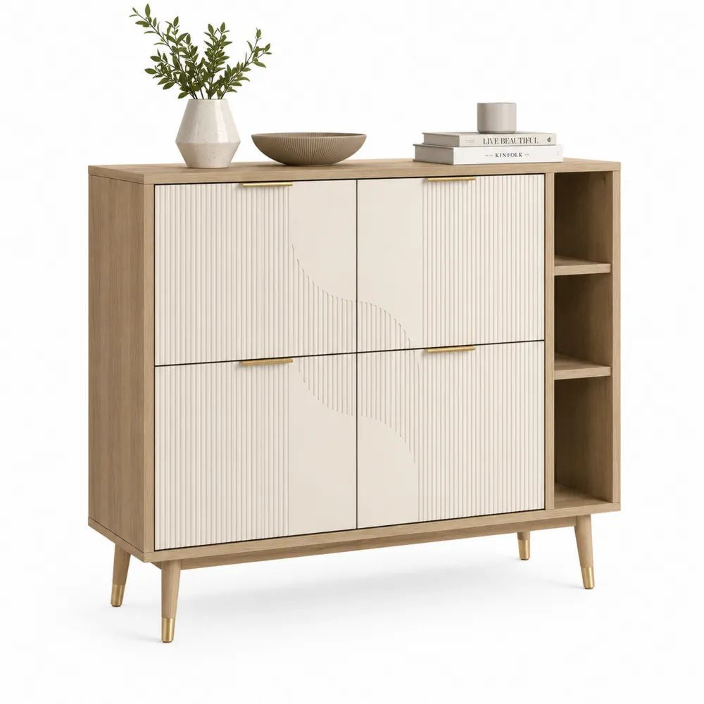 Buffet haut rectangulaire en bois et métal, 4 portes et 3 niches, chêne clair et blanc cassé, 120 × 40 × 110 cm