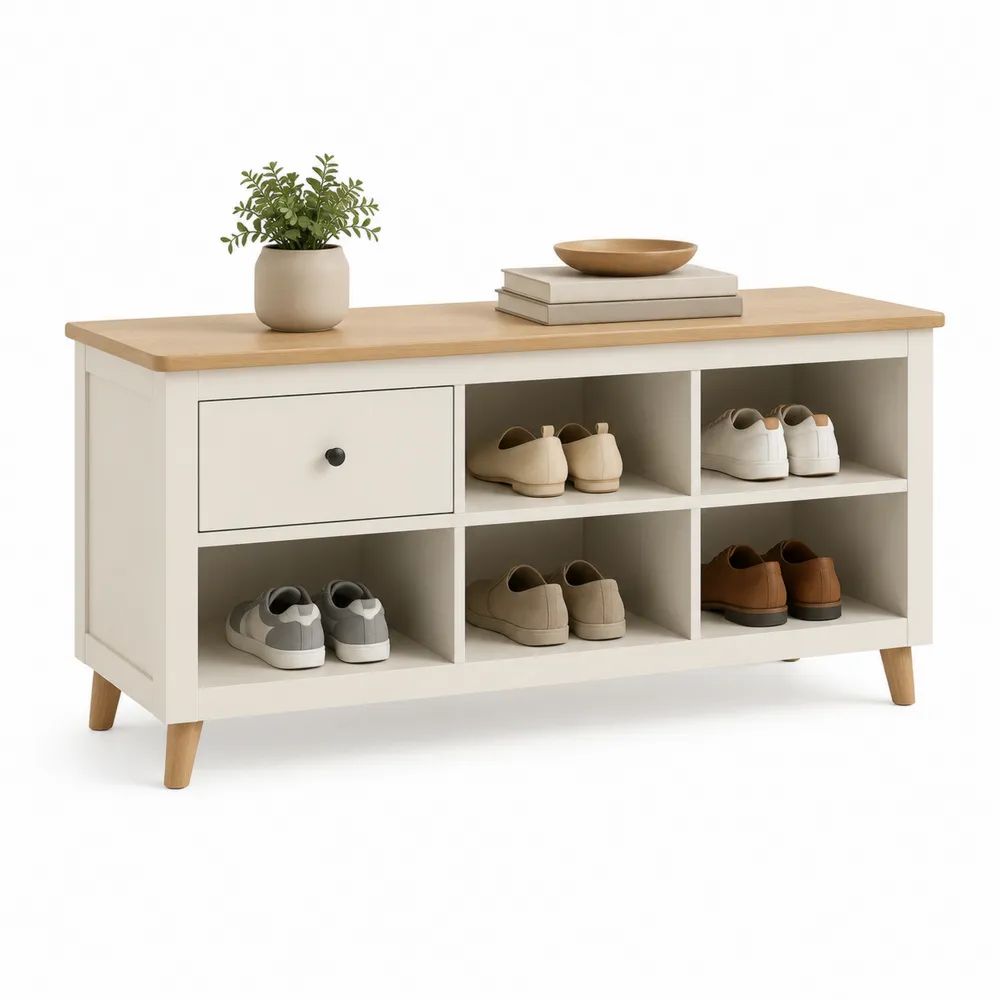 Meuble à chaussures avec banc, 5 niches et 1 tiroir en MDF et hévéa, blanc cassé et chêne clair, 120 × 35 × 70 cm