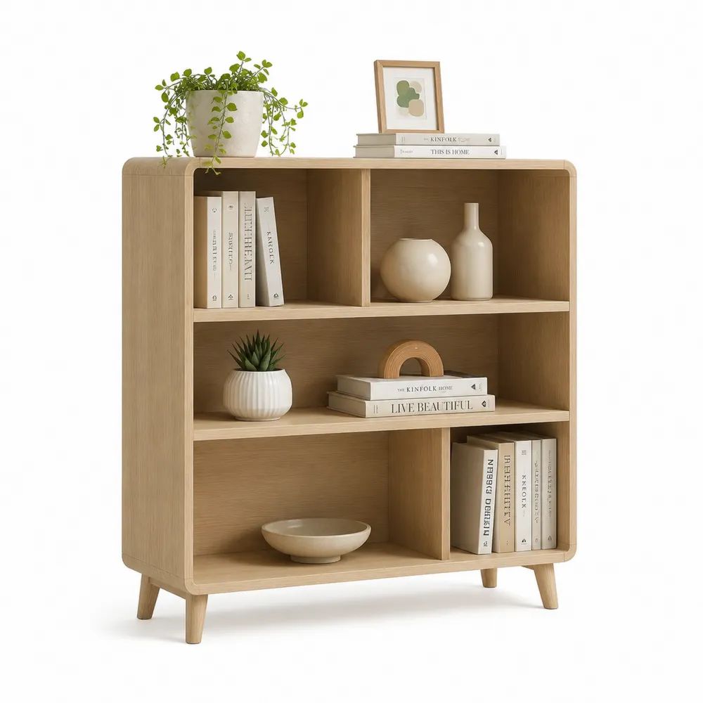 Bibliothèque basse en bois à 3 niveaux, chêne clair, 80 × 30 × 90 cm