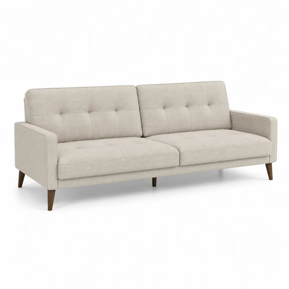 Canapé droit 3 places en tissu beige avec pieds en bois massif brun foncé, 202 x 82 x 84 cm