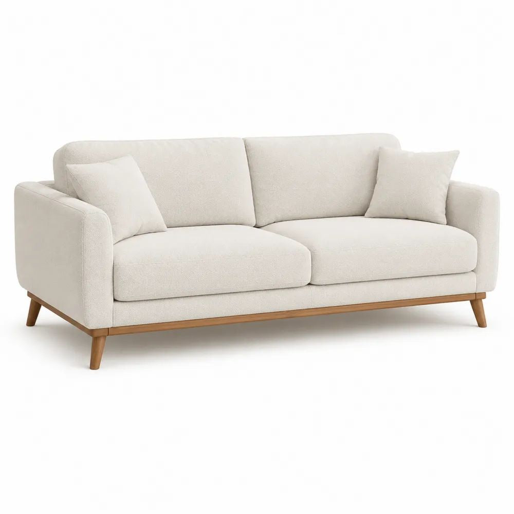 Canapé droit 3 places en tissu bouclé blanc cassé avec pieds en bois brun clair, 200 x 86 x 84 cm