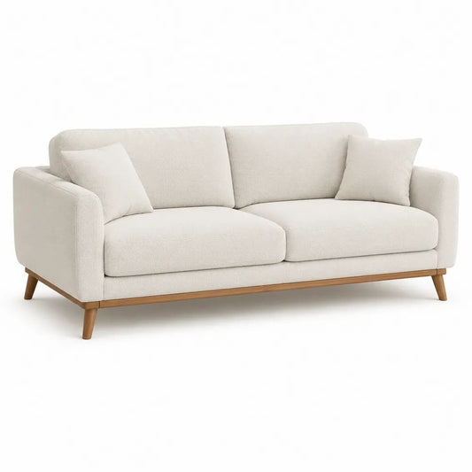 Canapé droit 3 places en tissu bouclé blanc cassé avec pieds en bois brun clair, 200 x 86 x 84 cm