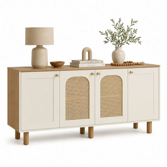 Buffet rectangulaire 4 portes en bois et cannage, beige et chêne naturel, 160 × 40 × 80 cm