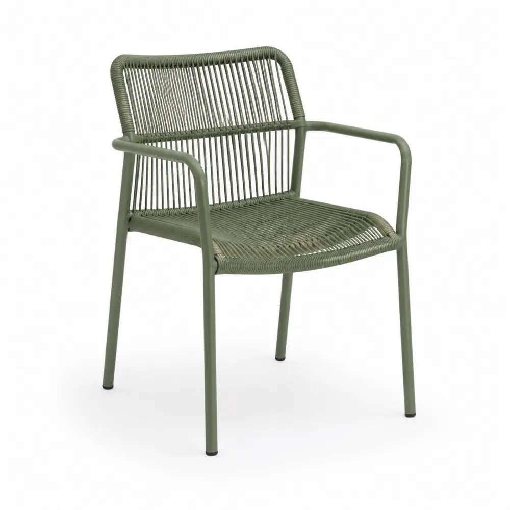 Fauteuil de jardin avec accoudoirs en aluminium et corde polyester vert olive, 57 × 61 × 82 cm