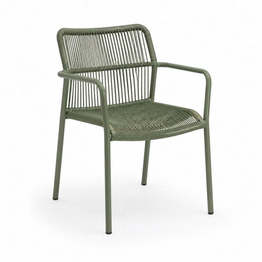 Fauteuil de jardin avec accoudoirs en aluminium et corde polyester vert olive, 57 × 61 × 82 cm