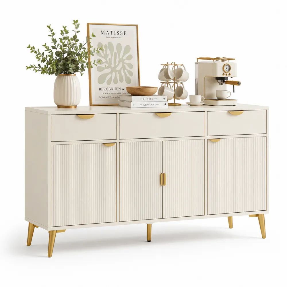 Buffet de rangement en panneaux MDF, 4 portes et 3 tiroirs, blanc cassé et doré, 140 × 40 × 90 cm