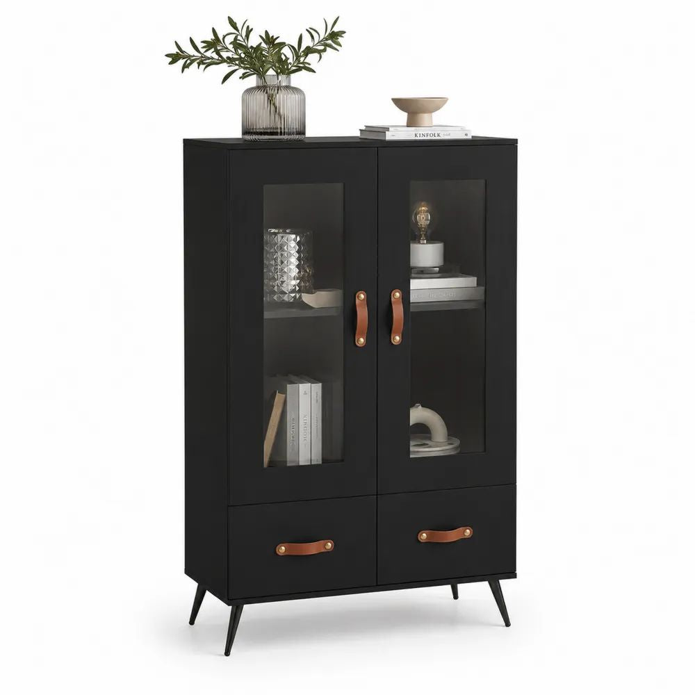 Buffet-vitrine noir et marron à 2 portes vitrées et 2 tiroirs en bois, verre et métal, 80 × 35 × 120 cm